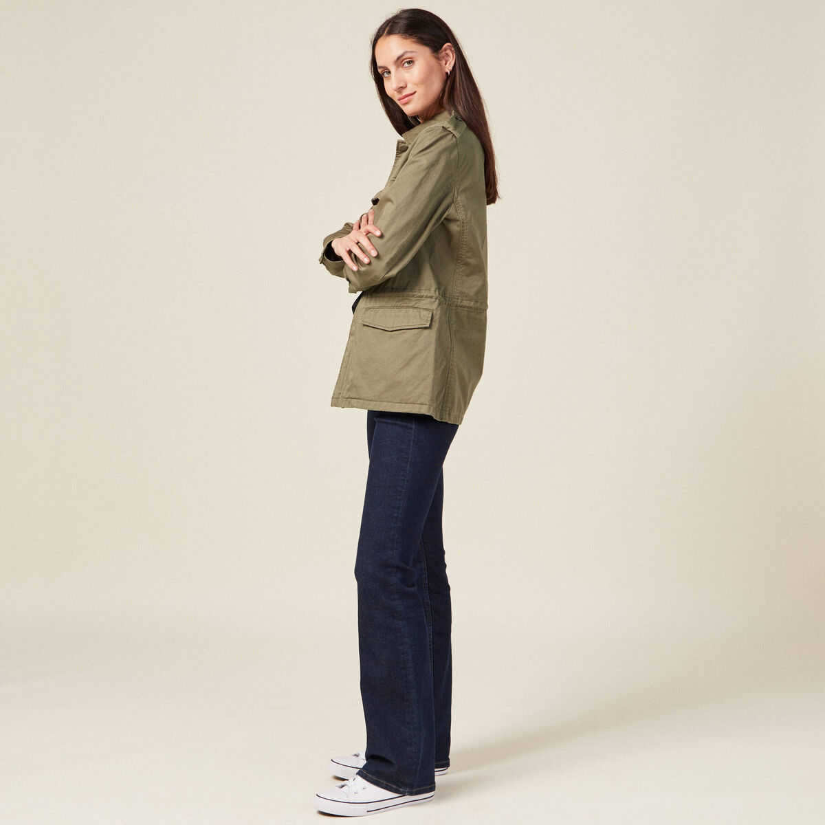 Veste droite poches àrabat vert kaki femme