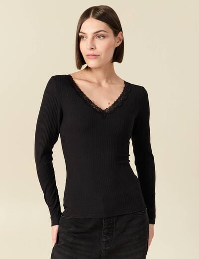 T-shirt cintr&eacute; col v dentelle noir femme