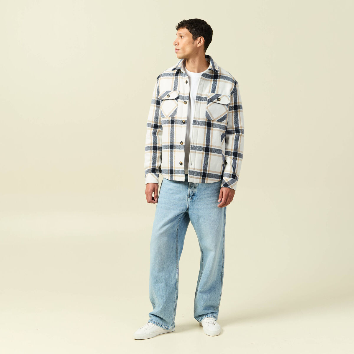 Surchemise oversize courte doubl&eacute;e bleu marine homme