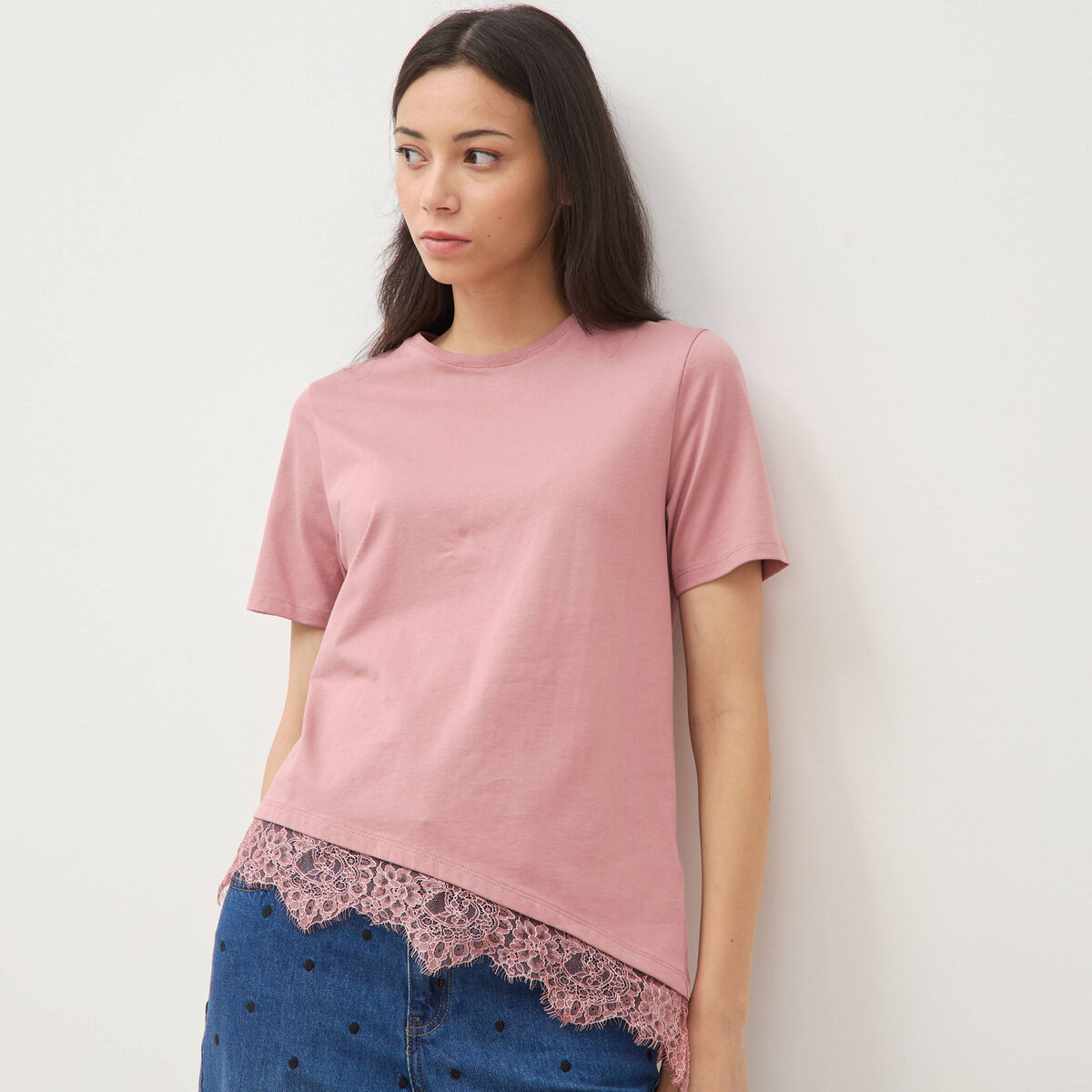 T-shirt droit col rond avec dentelle vieux rose femme