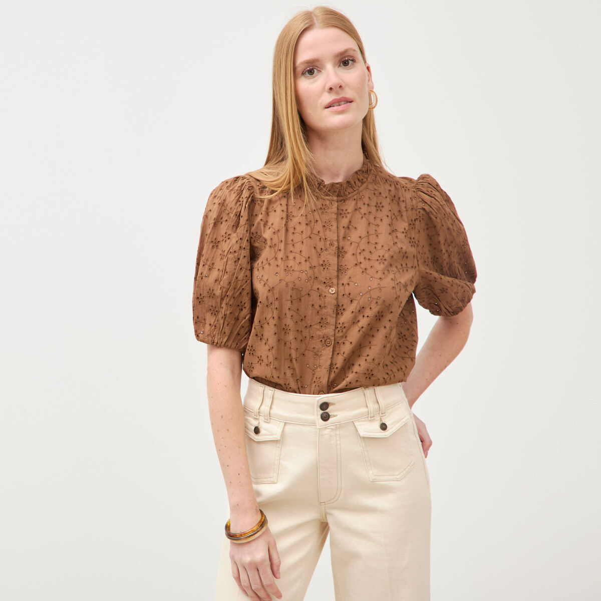 Chemise en coton manches coude marron femme