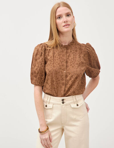 Chemise en coton manches coude marron femme