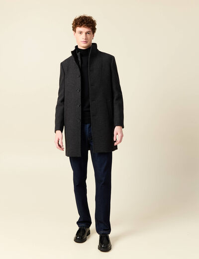 Manteau droit long col montant noir homme