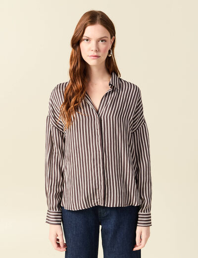 Chemise boyfriend courte manches longues marron fonc&eacute; femme
