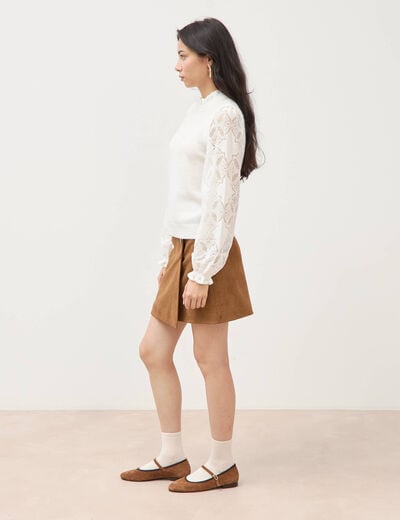 Pull droit col montant manches longues ecru femme