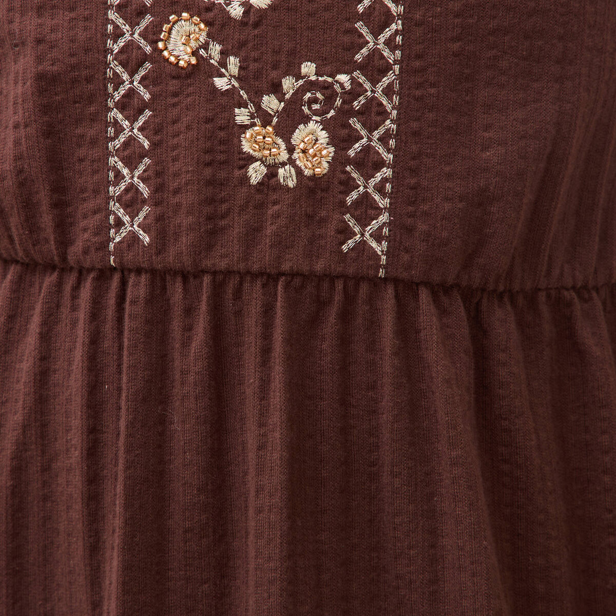 Robe bretelle col carr&eacute; en coton marron fonc&eacute; femme