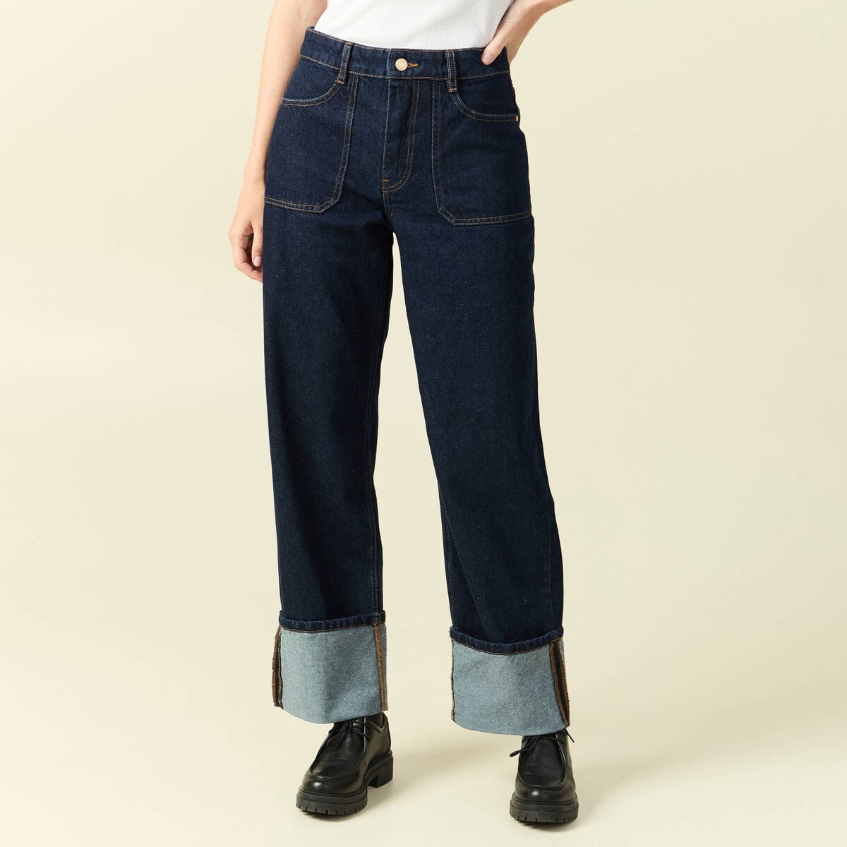 Jeans wide large taille haute denim brut rinse femme