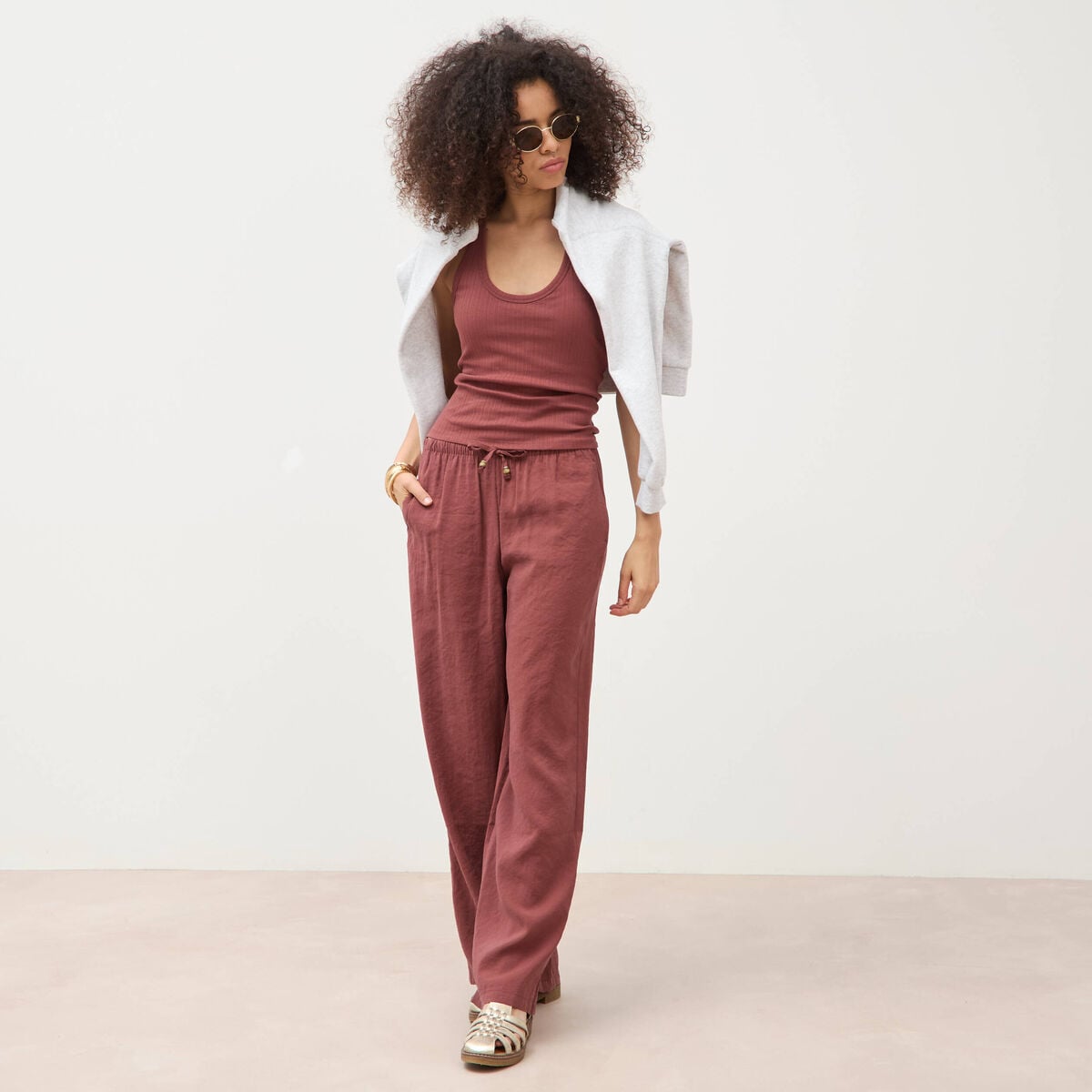 Pantalon large taille standard fluide marron cognac femme