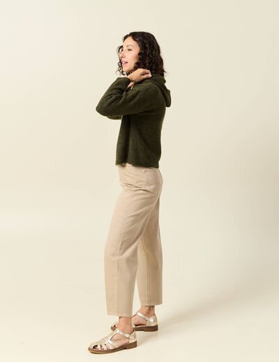 Pull &agrave; capuche zipp&eacute; vert kaki femme
