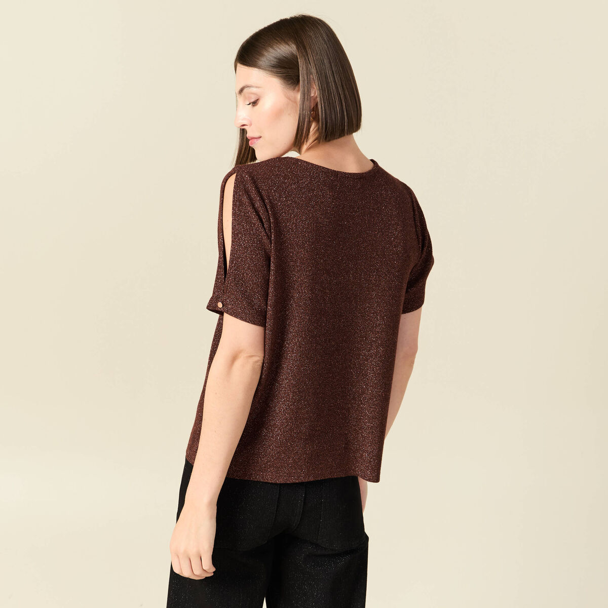 T-shirt manches courtes brillant marron femme