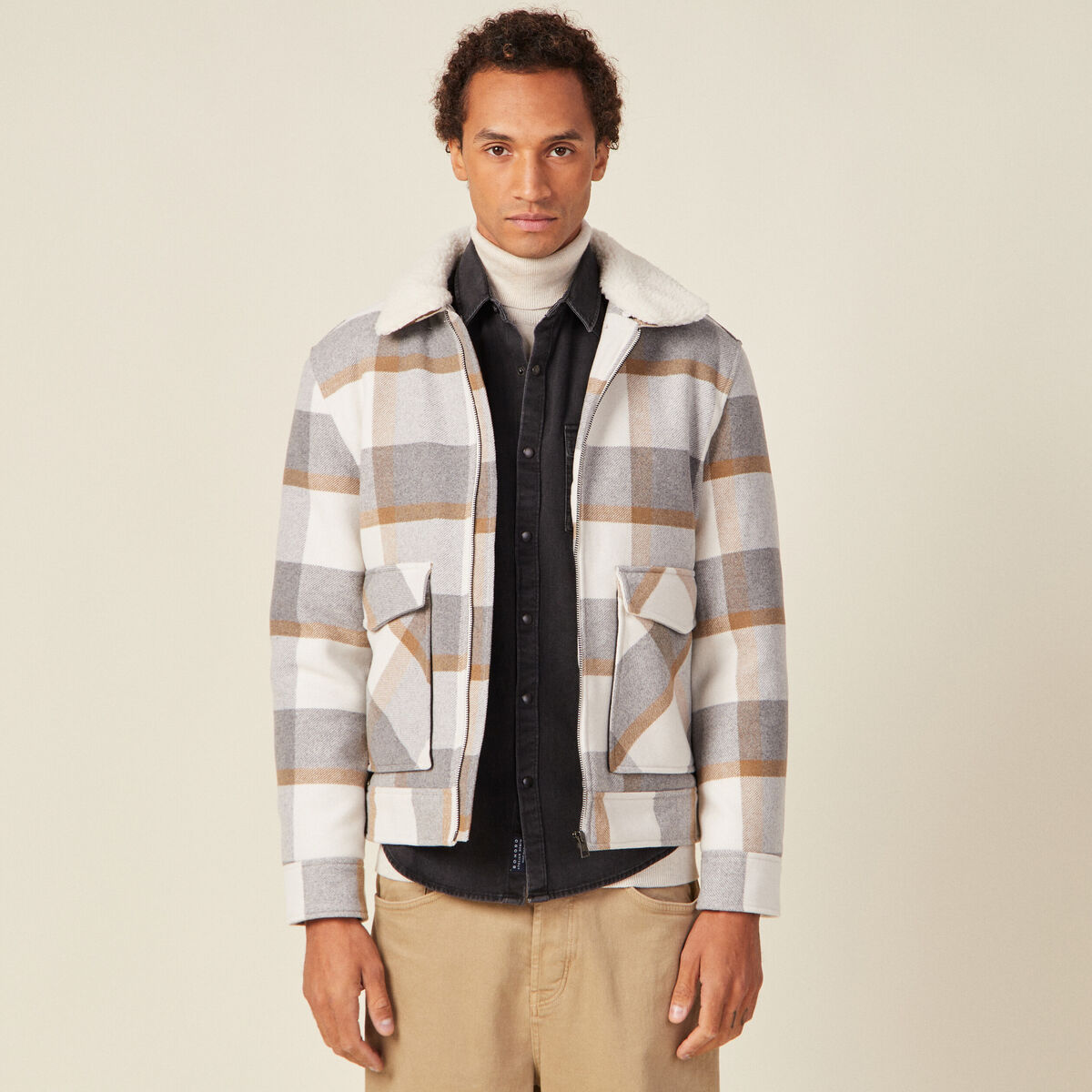 Blouson droit court &agrave; manches longues ecru homme