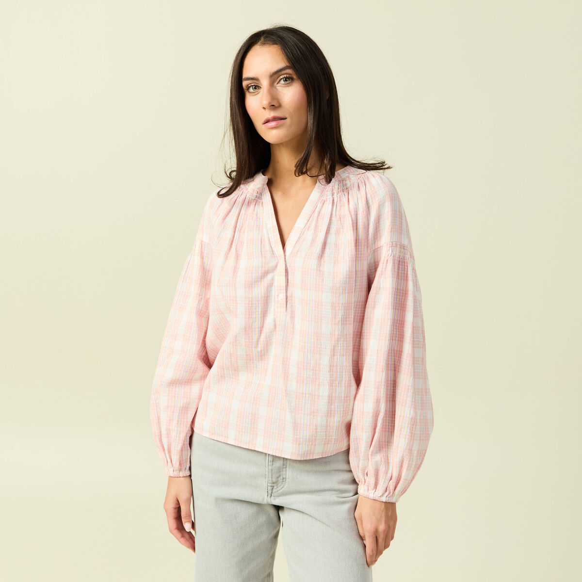 Blouse en coton &agrave; carreaux blanc femme