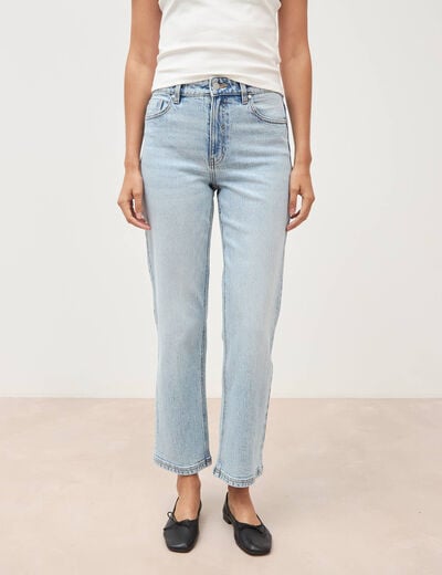 Jeans straight 7/8&egrave;me taille haute denim bleach femme