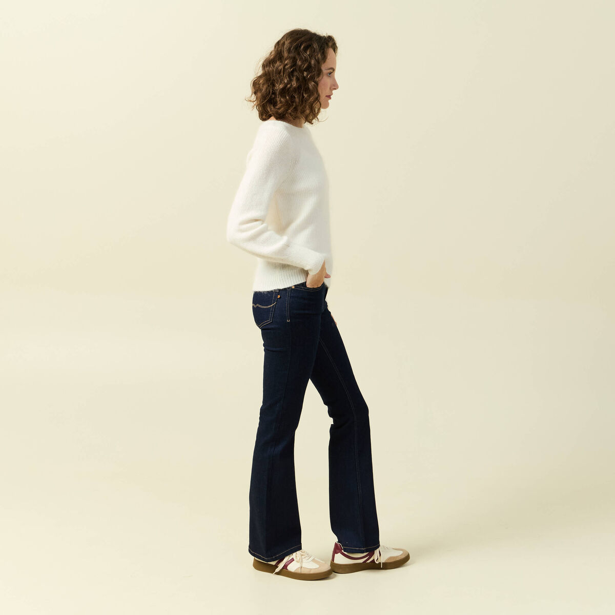 Pull col bateau manches longues ecru femme