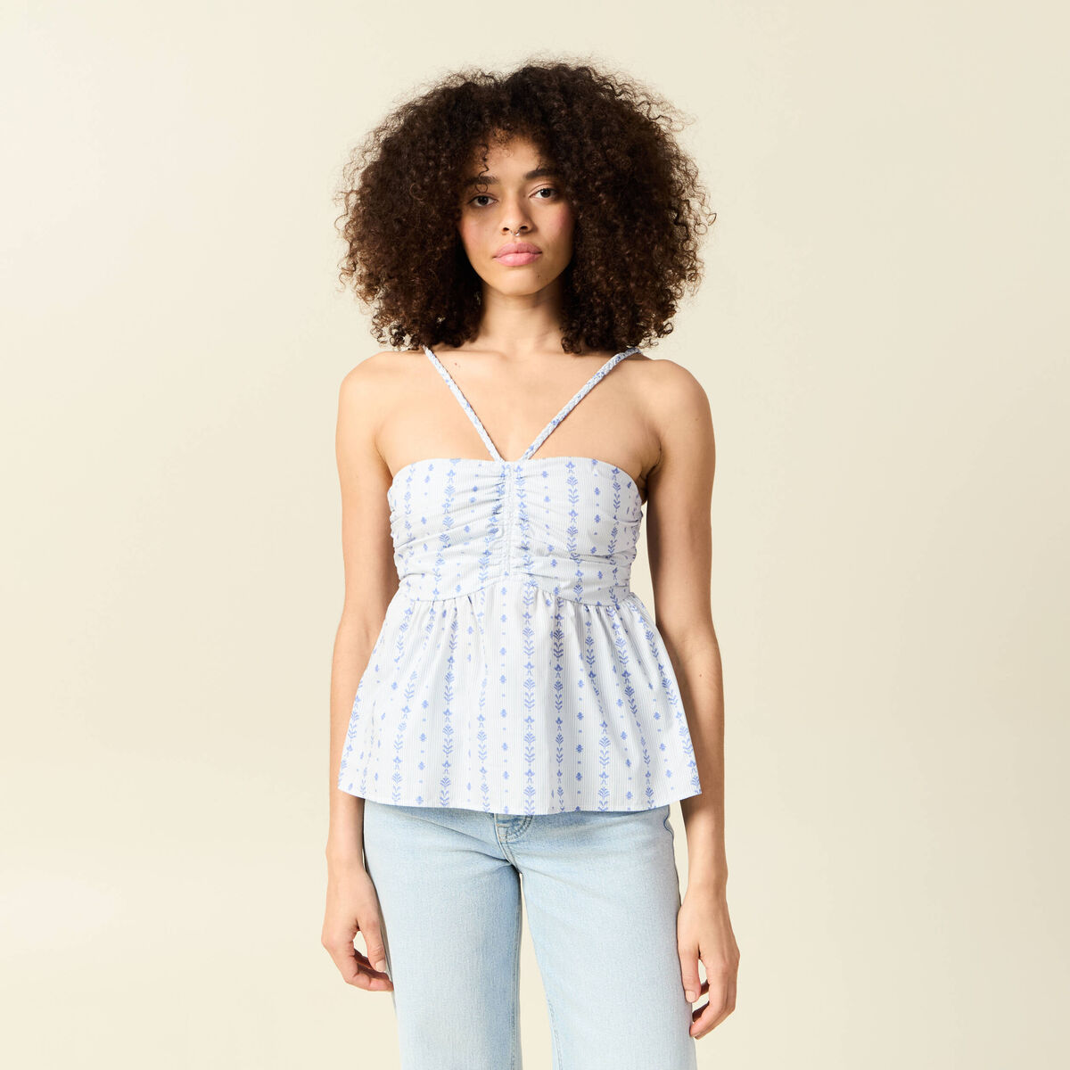 Top col droit &agrave; bretelles en coton bleu clair femme