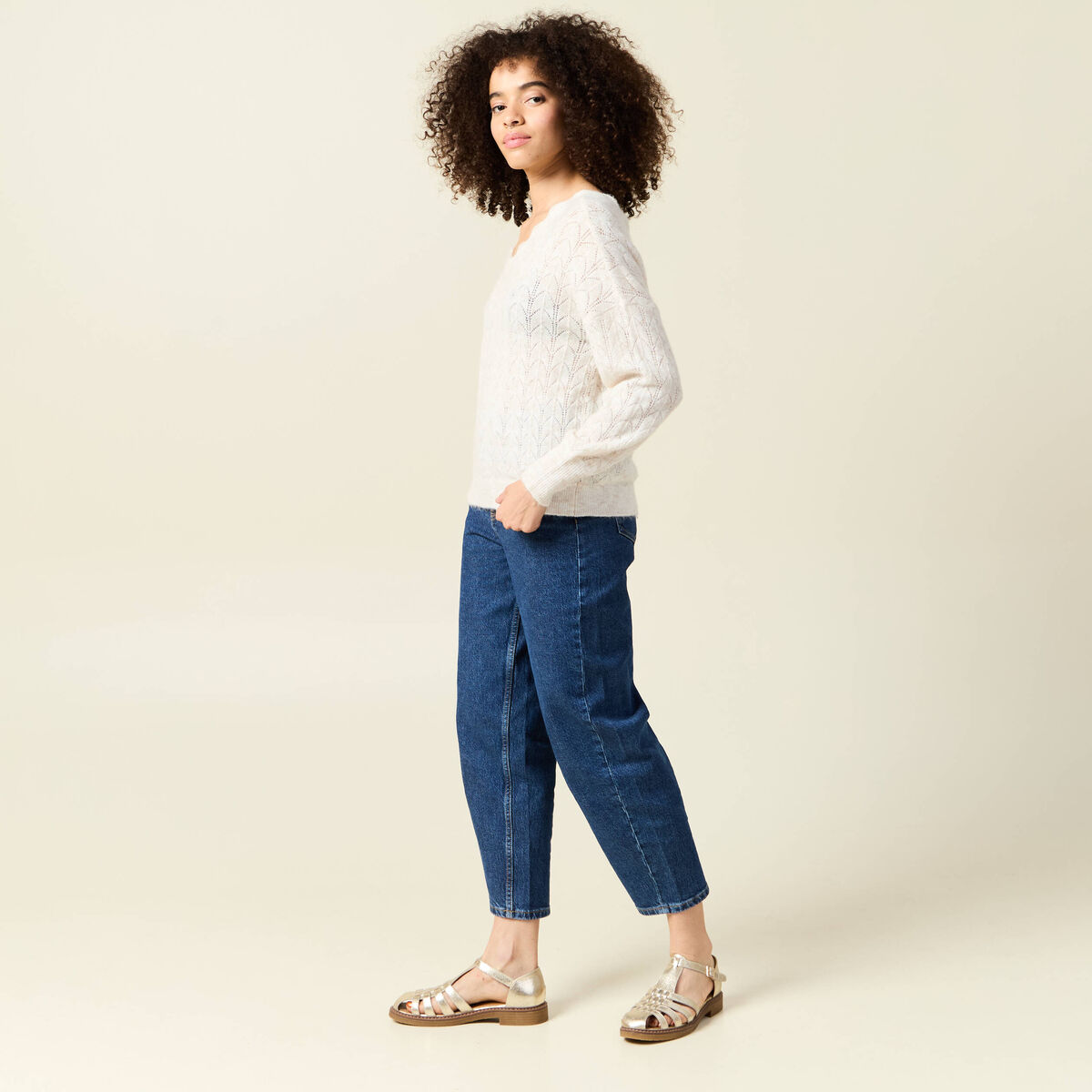 Gilet ajour&eacute; col V manches longues ecru femme
