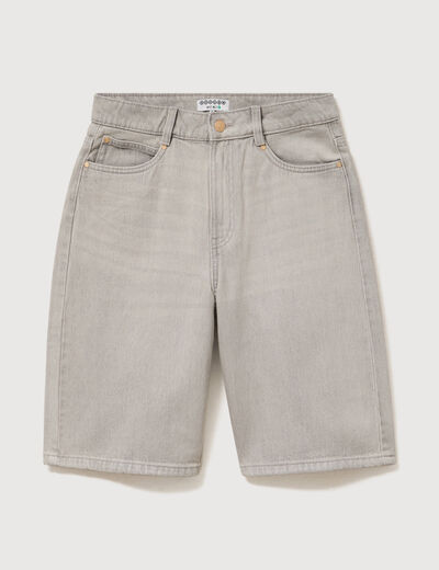 Bermuda large taille haute en coton denim gris clair femme