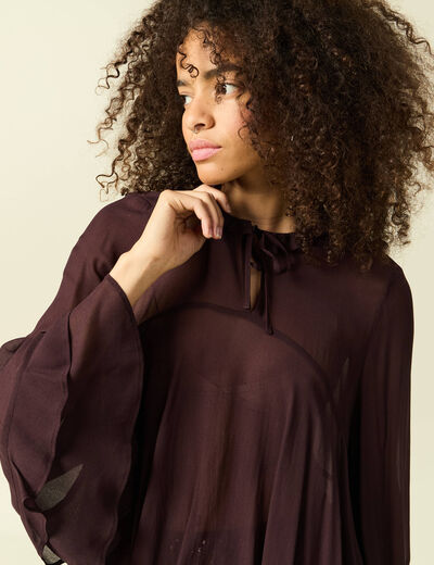 Blouse manches longues col ras de cou marron fonc&eacute; femme