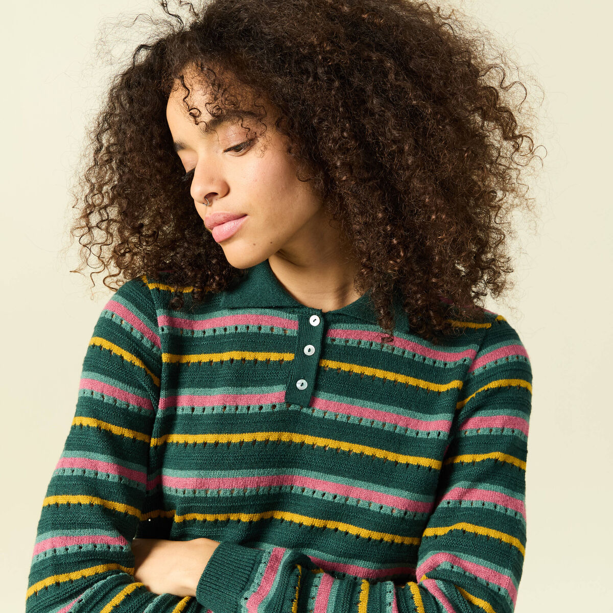 Pull col polo manches longues vert fonc&eacute; femme