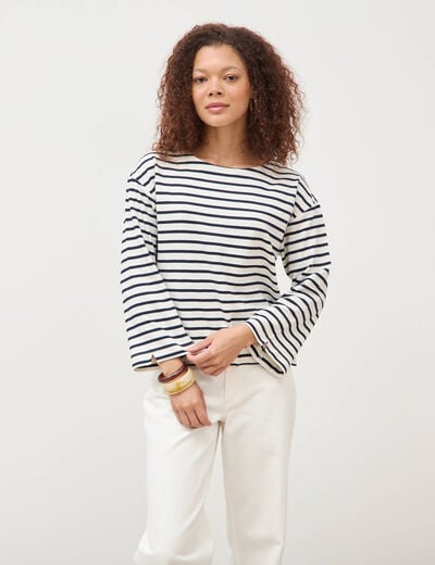 Pull droit manches longues broderie ecru femme