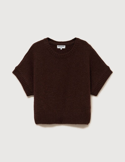 Pull oversize col rond manches courtes marron femme