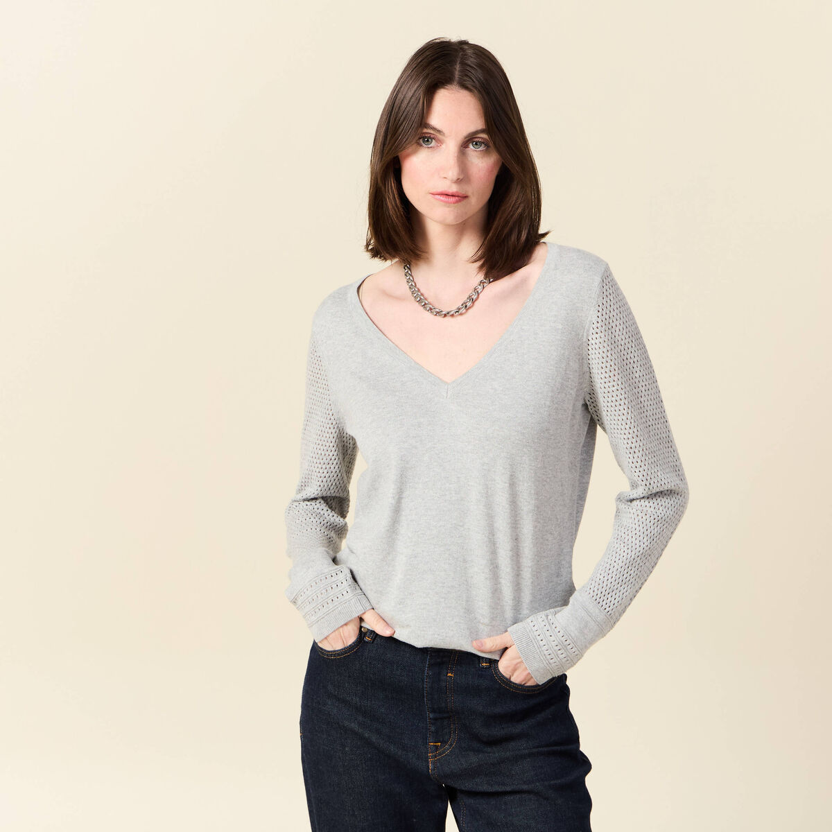 Pull à manches longues gris clair femme