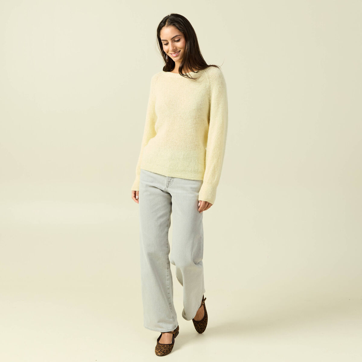 Pull manches longues col rond jaune femme