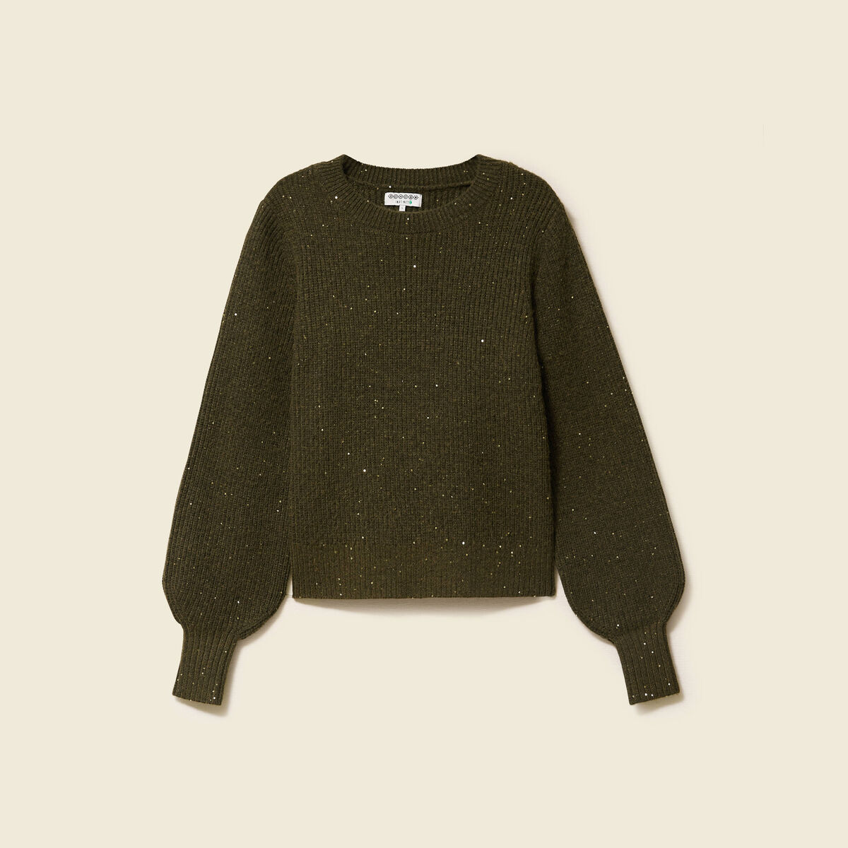 Pull manches longues col rond &agrave; sequins vert kaki femme