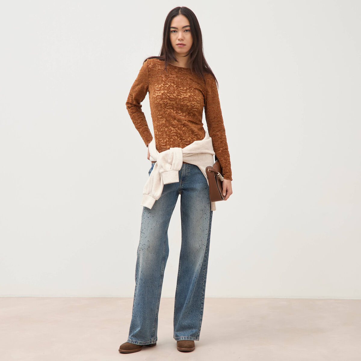 Jeans wide leg strass taille standard bleu femme