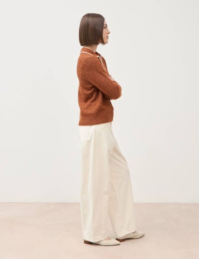 Pull droit col polo manches longues marron cognac femme