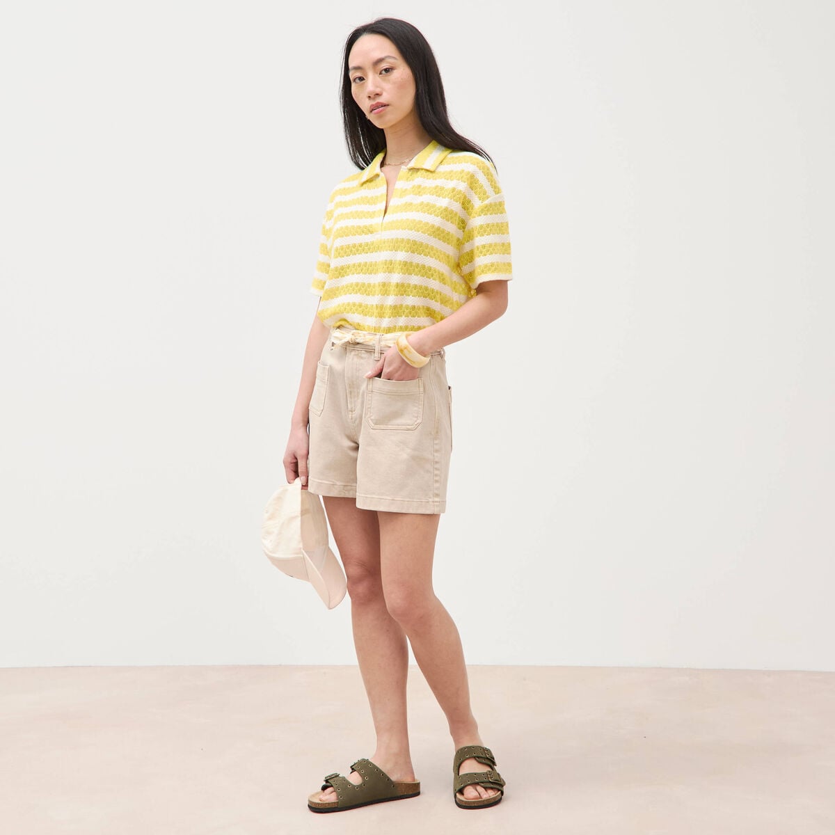 Short en jean taille haute beige femme