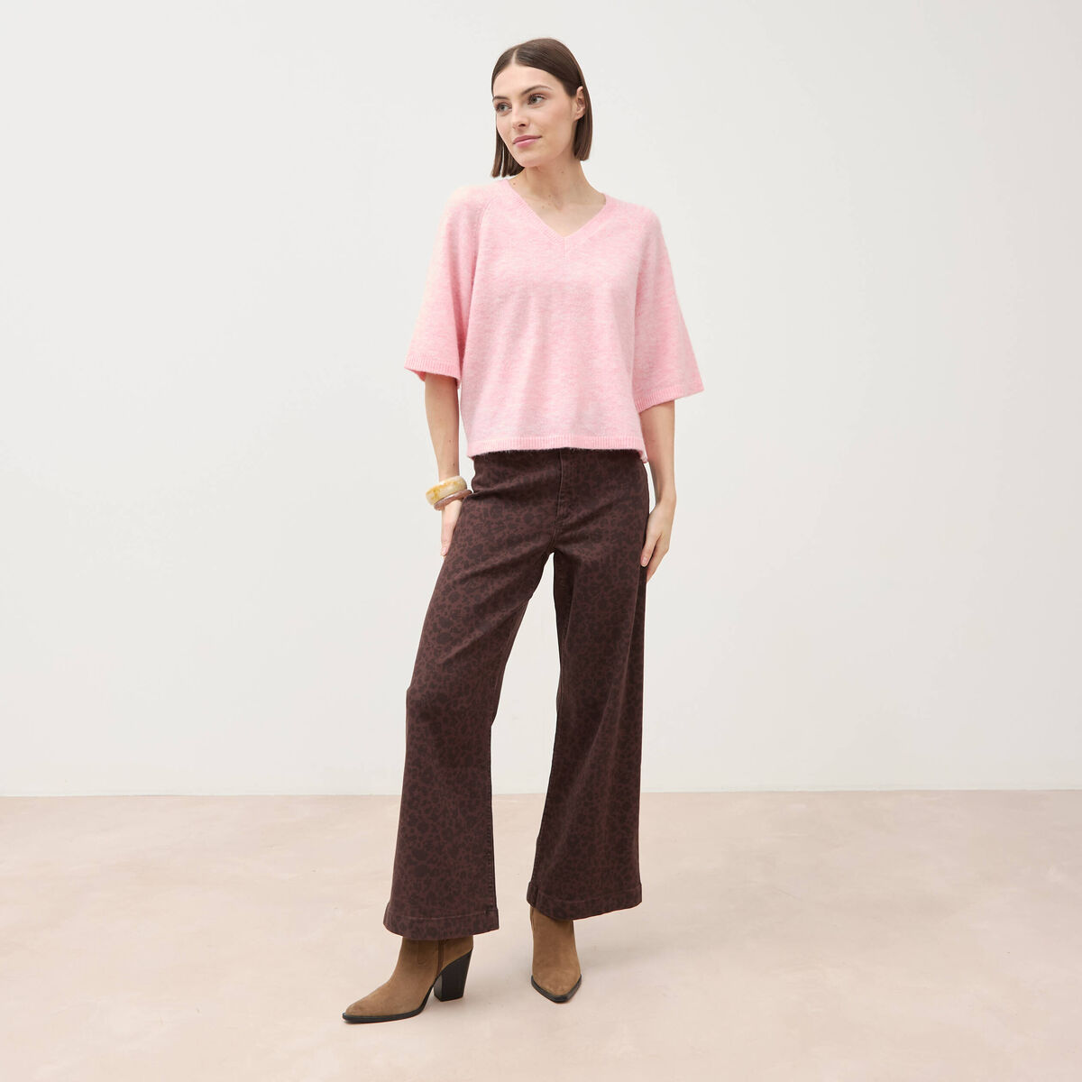 Jeans large cropped taille haute marron chocolat femme