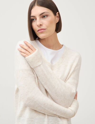 Pull droit col v manches longues creme femme