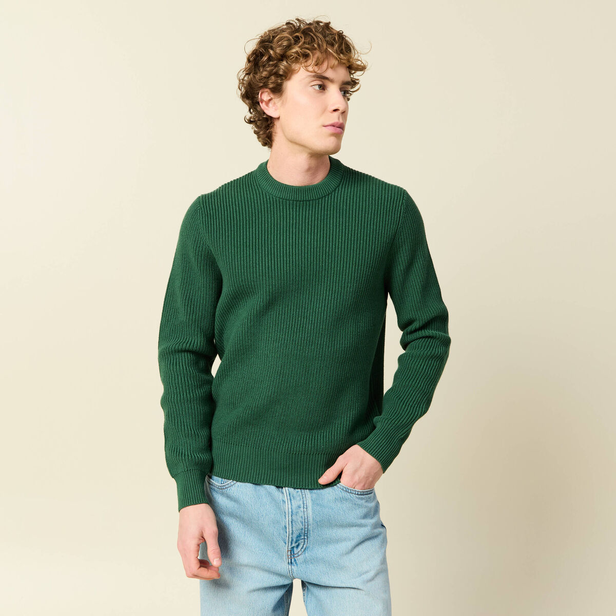 Pull fin manches longues col rond vert homme