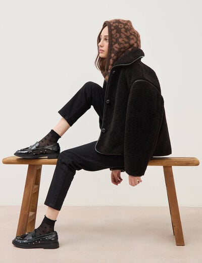 Manteau court oversize sherpa noir femme