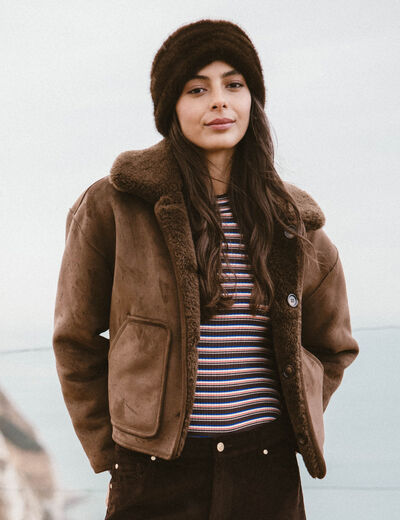 Manteau r&eacute;versible oversize court marron femme