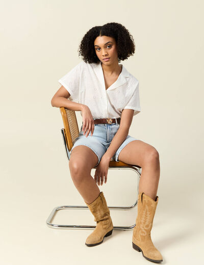 Chemise manches courtes brodée ecru femme