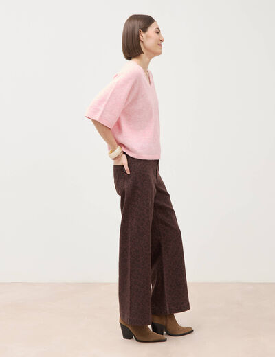 Pull droit court col v manches courtes rose clair femme