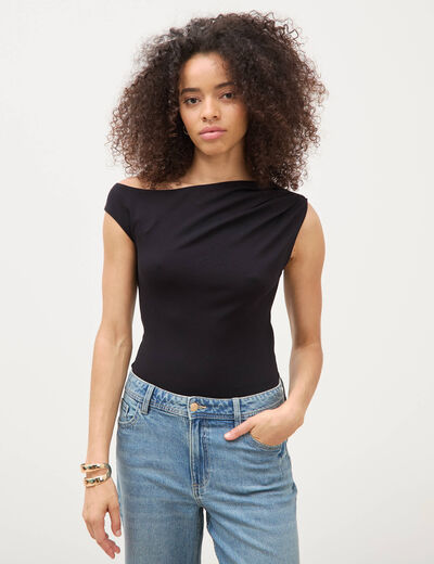 Body ajust&eacute; manches courtes bardot noir femme