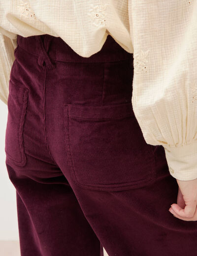 Pantalon large taille haute en velours prune femme
