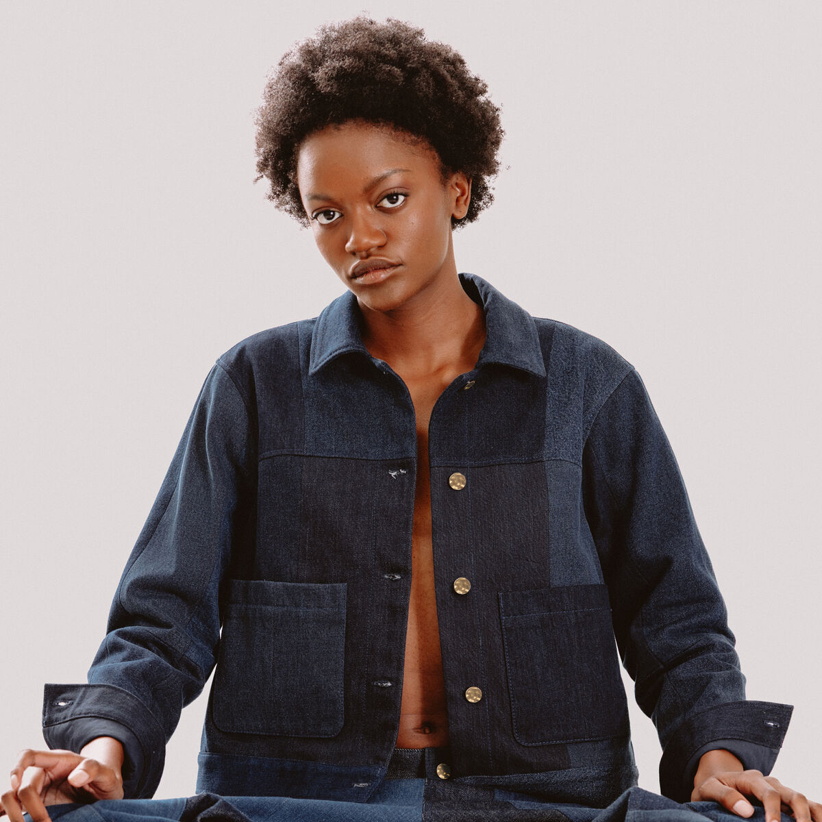 Veste droite en jeans manches longues denim stone femme