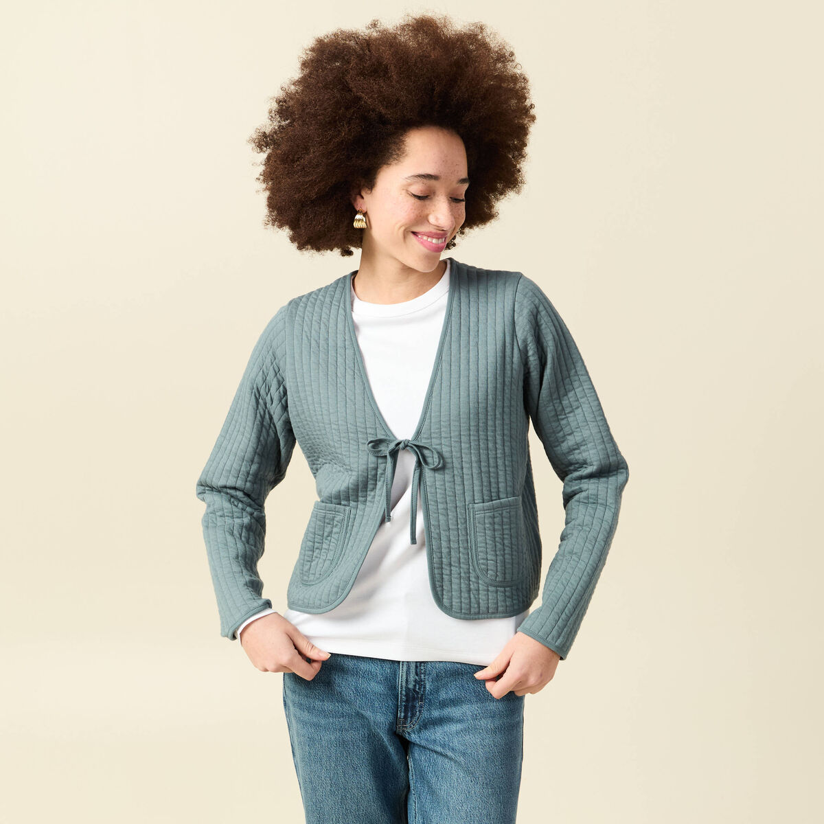 Cardigan droit court manches longues vert canard femme