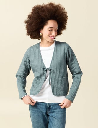 Cardigan droit court manches longues vert canard femme