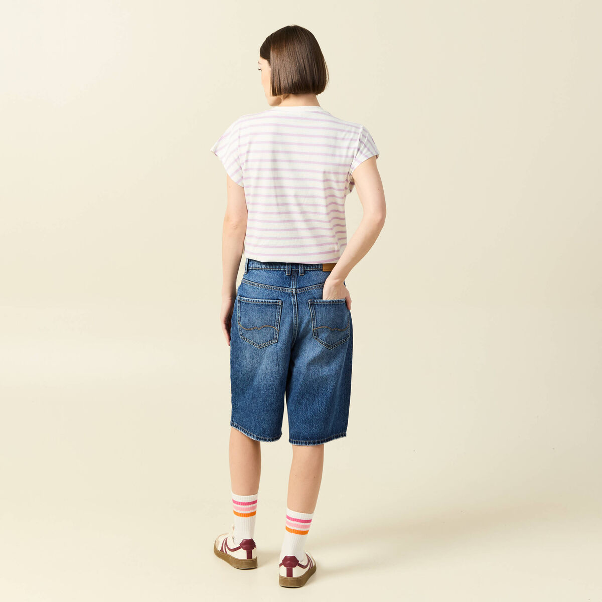 Bermuda large taille haute en coton denim stone femme