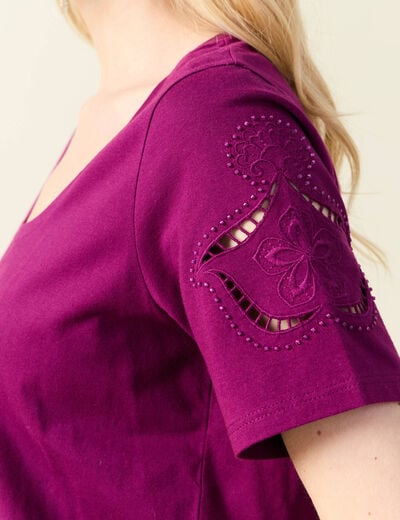 T-shirt manches courtes brodé violet femme