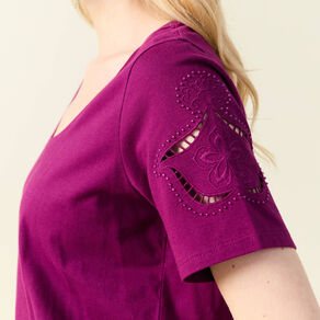 t shirt manches courtes brode violet femme T-shirt manches courtes brodé violet femme