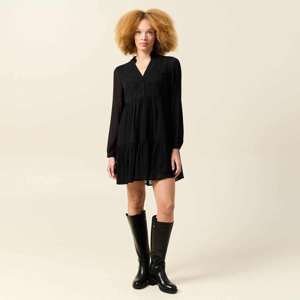 Robe manches longues doubl&eacute;e noir femme