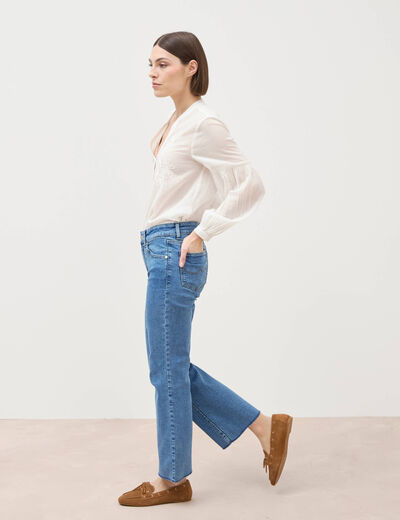 Jeans bootcut cropped taille bascul&eacute;e denim used femme