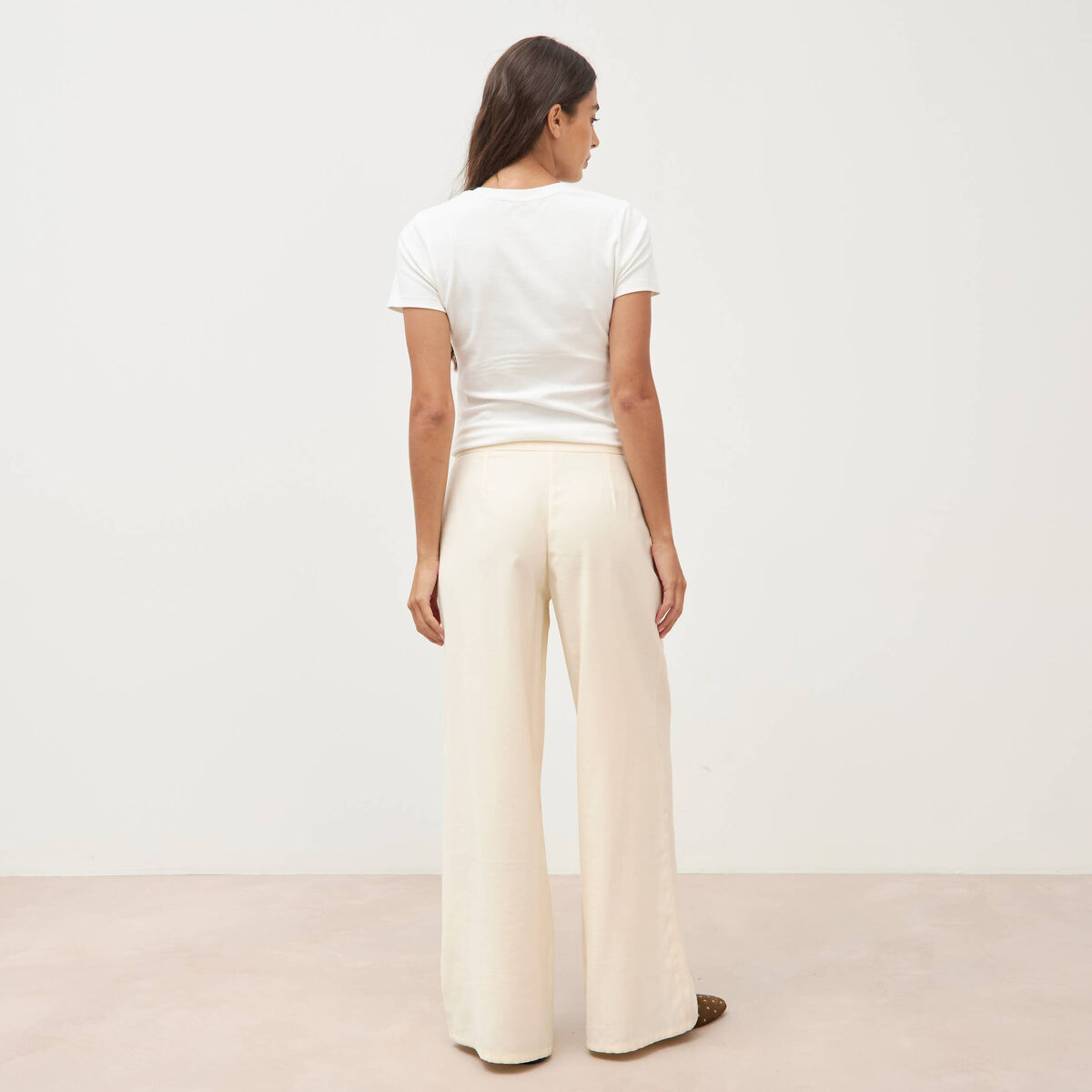 Pantalon large taille haute ceinture ivoire femme