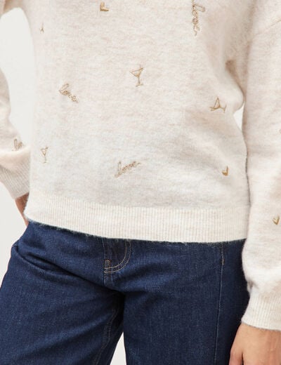 Pull droit brod&eacute; manches longues creme femme